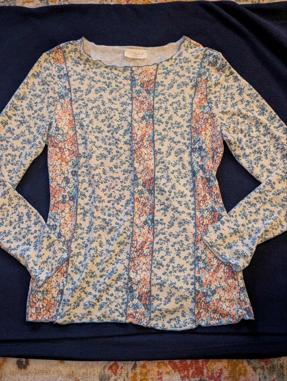 Sugarfox Women's L Floral Patchwork Long-Sleeve Tee in Blue Cream Boho Layer